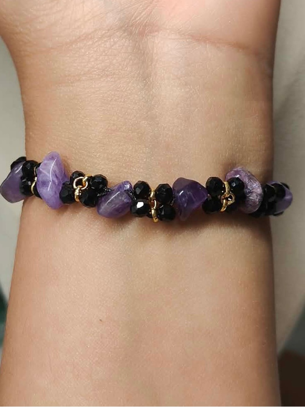 Adjustable Purple Amethyst Chip Bracelet with Black Glass Beads